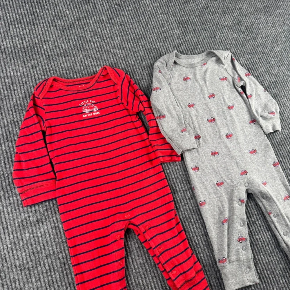Carters Baby Boy 9M Romper Set 2 Pack Red Striped Gray Car Print Long Sleeve 841